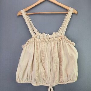 Stitch + Feather Cotton Eyelet Lace Crop Tank Top L Beige Boho Ruffle Cami 2508